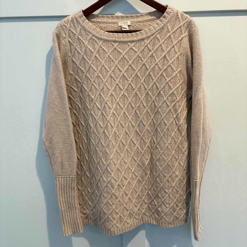 J Crew Sweater Womens Medium Beige Diamond Cable Knit Merino Wool Blend Pullover